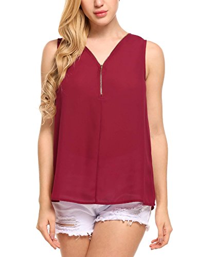 ELESOL Women's Summer V Neck Zipper Front Solid Chiffon Cami Tank Tops