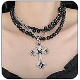 Fyvos Gothic Multi Layered Beads Choker Necklace Punk Cross Rivet Pendant Necklace Black Beaded Necklac Dark Vampire Halloween Jewelry Accessories for Women