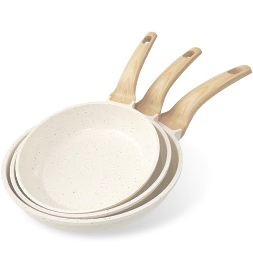 Ensemble de poêles antiadhésives, 3 pièces – Poêles en granit de 20/24/28 cm, compatibles induction, saines et durables, idéales pour les omelettes et la cuisine quotidienne, blanc