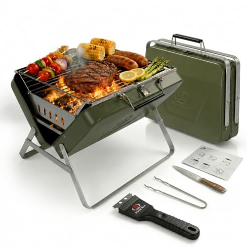 Flame Box Ranger Plus – Parrilla Portátil de Carbón Plegable Tipo Maletín | Superficie Grande para 4–5 Personas | Acero Inoxidable 304, Montaje Rápido, Ligera y Fácil de Transportar