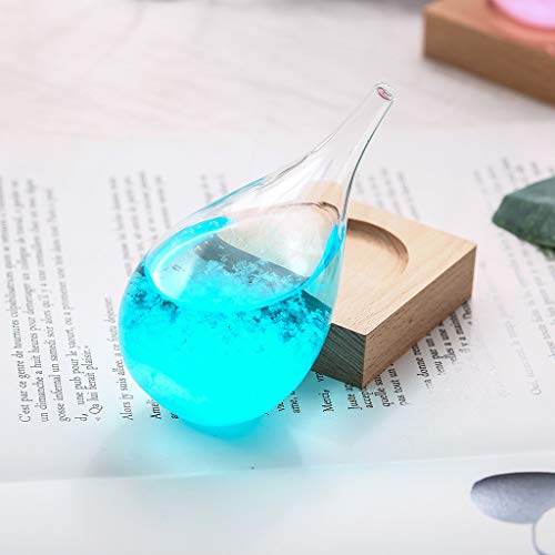 Pstars Storm Glass Bottle Weather Forecaster, Drop Water Shape Crystal Glass Bottle with Wooden Base, Home and Office Desktop Decoration Craft Weather Station (Blue)