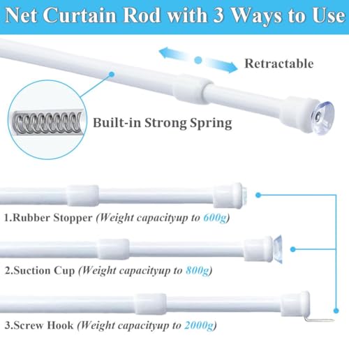 2 Pieces Glass Curtain Rods Without Drilling - Extendable Pressure Curtain Rod Rod with Spring Pressure Curtain Poles, Diameter 10mm, 30-45cm(White)