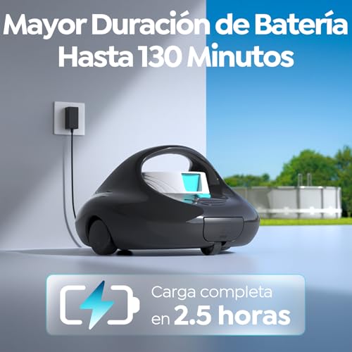 BRINBO Robot Pool Cleaner, Powerful Cleaning of 130 Minutes, Quick Charge in 2.5 Hours, Double Traction Motor, Ideal for Flat Bottom Pools up to 80 m² (White and Black)