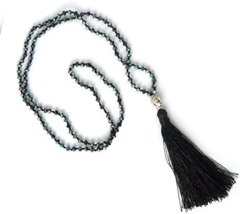 elefunlife Crystal glass beads +925 silver plated Buddha head pendant + Tassel Handmade Necklace Fashion Jewelry Sweater Chain (Black)