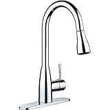 pH7 F04 1-hole or 3-holes Plastic Pull-down Kitchen Sink Faucet with Deck Plate; 1- handle Kitchen Faucet; Excellent Finish, Nylon Hose, and Docking System, Chorme