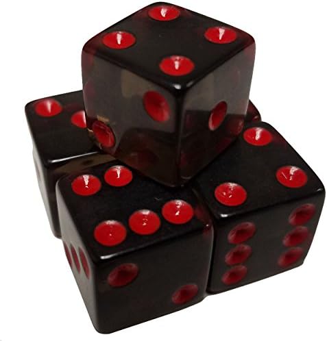 Set of 5 Dice Black Smoke Transparent 6 Sided Red Pips Square Corner 16mm in Snow Organza Bag