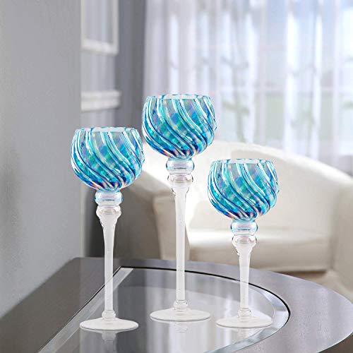 Hurricane Candle Holders Glass Set | 3-Piece Blue Tall & Attractive Votive, Pillar & Tealight Long Stem Candleholders | Ideal for Wedding Centerpiece, Home Decor, Parties, Table Settings & Gifts