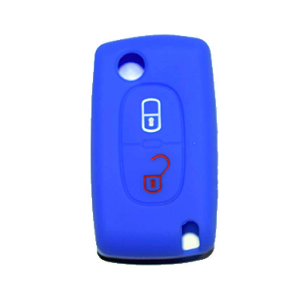 [Keyring] Silicone Key Cover Shell for Peugeot 106 107 205 206 207 306 307 308 309 406 407 807 and Citroen C1 C2 C3 C4 (see compatibility in photos) (BLU)