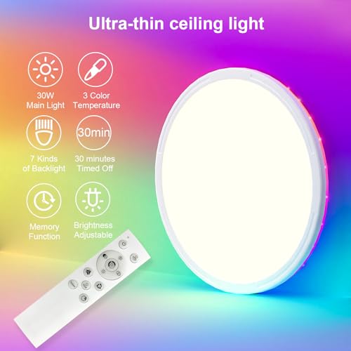 RGB Lampara de Techo, 30CM Lámpara de Techo LED con Control Remoto, ultrafina Luz de techo inteligente 3000K 4500K 6500K brillo regulable, para dormitorio, salón, habitación infantil,cocina (30W)