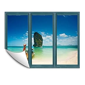 Wall Murals for Bedroom Fake Window Beach Blue Window Removable Wallpaper Peel and Stick Wall Stickers - 24x32 inches