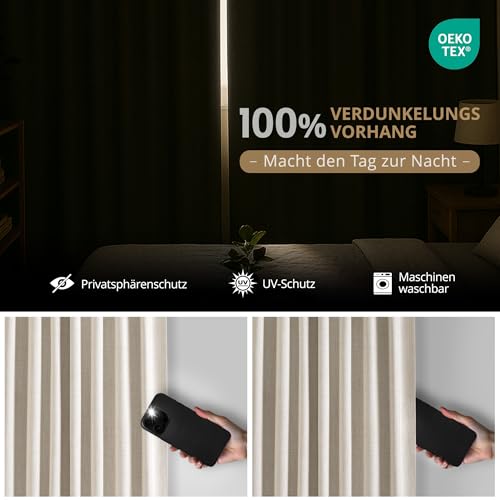 DEFYNEE 100% Blackout Curtains with Concealed Tabs, Linen Look Set of 2 Opaque Curtains Rod Pocket for Bedroom or Living Room - H245 x W140 cm, Cream