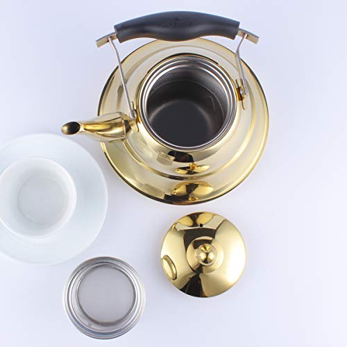 Whistling Tea Kettle with Infuser for Loose Leaf Tea Stainless Steel Modern Whistle Teapot Teakettle Stovetop Induction Gas Stove Top Tea Maker Water Pot Gold 2 Quart/Liter - Thumbnail 2