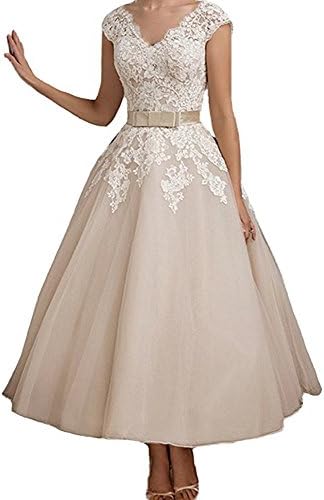 Jdress Women's Vintage Short Tea Length Lace Wedding Dresses for Bride 2018
