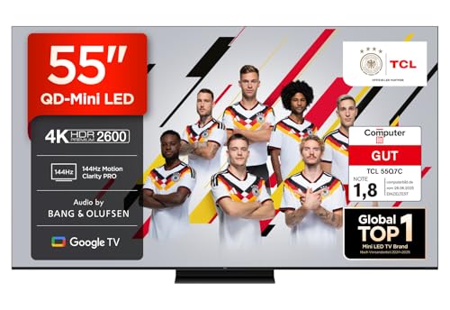 TCL 55Q7C 55 Zoll QD-Mini LED Fernseher, 4K HDR Premium 2600, Smart TV unterstützt durch Google TV (Dolby Vision IQ & Atmos, CrystGlow HVA-Panel, Audio von Bang & Olufsen, 144Hz Motion Clarity Pro)