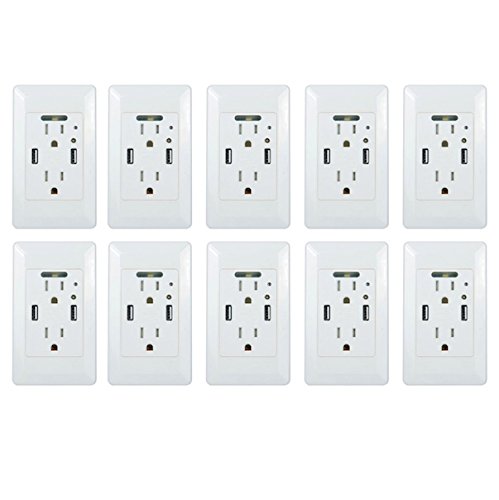 10 PCS White Smart High Speed Dual Port USB Outlet Home In-Wall Socket Panel With LED Nightlight Electric AC Power Receptacle Outlet Socket Charger Station Adapter Plate Rocker Panel Tamper-Resistant