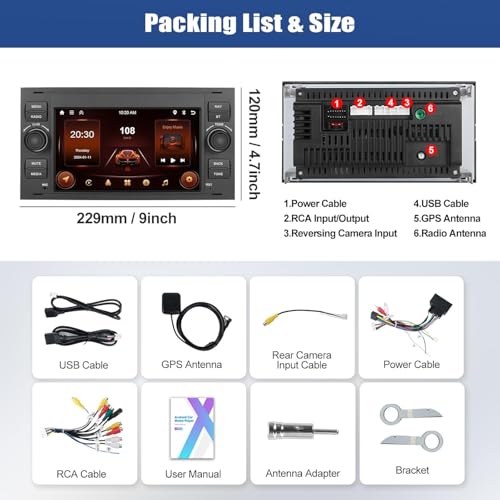 SIXWIN 2+64GB Android 15 Car Radio for Ford Fiesta C/S-MAX Transit Galaxy Connect Kuga Mondeo with CarPlay, Android Auto- 7 Inch Touch Screen with Mirror Link, Bluetooth, WiFi, GPS, FM/RDS,EQ