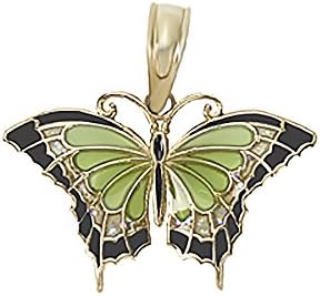 14k Yellow Gold Novelty Charm Pendant, Small Butterfly with Green Stained Glass Enamel Wings