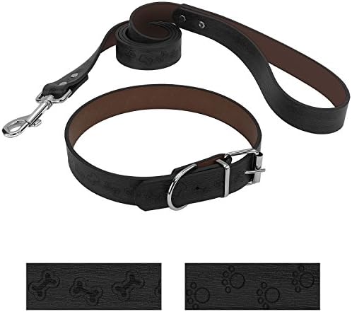 Bark Lover Pet Luxury Simulation Leather Collar and Leash Set Printed Design Adjustable Soft Touch and Sturdy for Medium Large Dogs. (M, Black,Bones Prints)