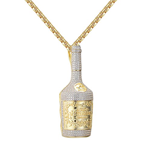 Hennessy Bottle Design Pendant 14k Yellow Gold Finish Simulated Diamonds Free Chain