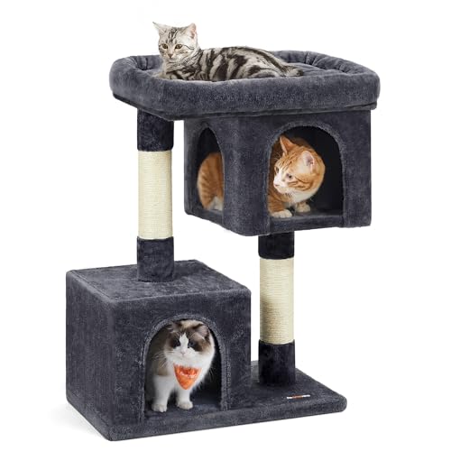 Feandrea Albero per Gatti, 84 cm, Tiragraffi Torre per Gatti, L, Condominio per Gatti di Grande Taglia fino a 7 kg, Ampio Posatoio, 2 Grotte per Gatti, Graffiatoio, Grigio Fumo PCT61G