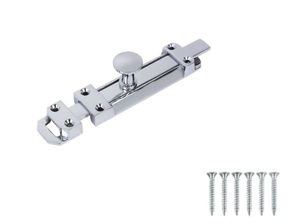 Door Bolts 8 Inch Chrome Flat Bolt Surface Door Latches Tower Bolt Sliding Lock Stainless Steel Flat Slide Safety Door Barrel Bolt with Screws 1 Pack.