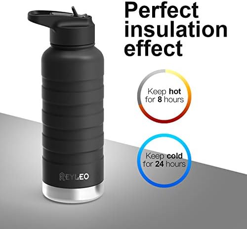 REYLEO Vacuum Insulated Water Bottle with Straw Lid-18 Oz,24 Oz,32 Oz,Black and Red,2 Lids,18/8 Stainless Steel Metal Sport Water Bottle,Keep Cold 36 Hours& Hot 12 Hours,Standard Mouth with Straw Lid