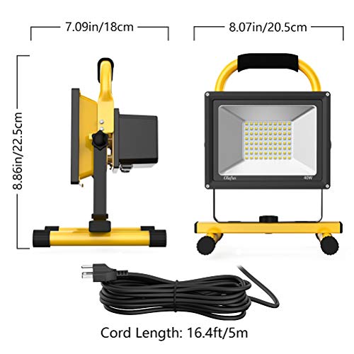 Olafus 40W LED Work Light (230W Equivalent), 4000LM, 2 Brightness Modes, 16.4ft/5M Cord with Plug, IP65 Waterproof Construction Lights with Stand for Job Site, Workshop, Garage 5000K Daylight White