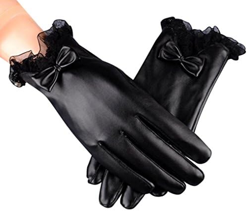 Winter Warm Gloves,Sulear PU Windproof Soft Plush Touchscreen Texting Driving Mitten For Women Girl,Lace+Bow Tie Decoration