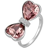 Kokoma Heart Crystal Bow Tie Ring Pink Cubic Zirconia Ribbon Knot Open Statement Rings Trendy Eternity Wrap Finger Band Engagement Promise Ring for Women