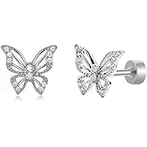 Cute CZ Butterfly Flat Back Stud Earrings Hypoallergenic 20G Cubic Zirconia Tiny Cartilage Tragus Helix Screw Back Stainless Steel Piercing Fashion Minimalist Jewelry Gifts For Women Sensitive Ears