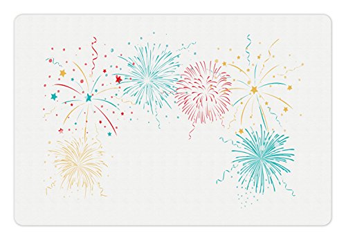Lunarable Fireworks Pet Mat for Food and Water, Bursting Colorful Fireworks and Stars on White Carnival Christmas Joyous Event, Rectangle Non-Slip Rubber Mat for Dogs and Cats, Multicolor Lunarable Fireworks Pet Mat for Food and Water, Bursting Colorful Fireworks and Stars on White Carnival Christmas Joyous Event, Rectangle Non-Slip Rubber Mat for Dogs and Cats, Multicolor