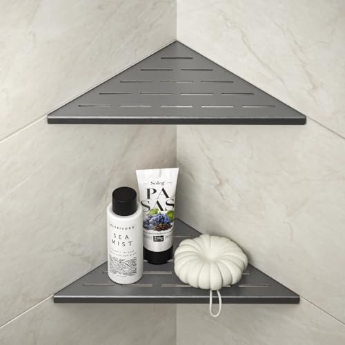 Bernkot Corner Shower Shelf, 304 Stainless Steel Bathroom Shelves with Slot Design for Tiled Wall, Recessed Shampoo Holder for Retrofit (Gunmetal, 10"-2 Pack)