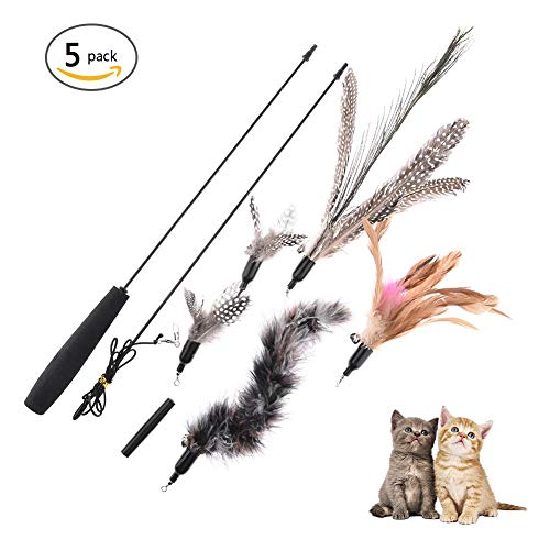 Feather Teaser Cat Toy, 1PCS Retractable Cat Wand Toys and 5PCS Replacement Teaser with Bell Refills, Interactive Catcher Teaser and Funny Exercise for Kitten or Cats.