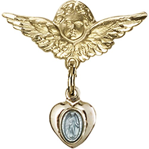 Baby Badge w/ Gold Plate over Sterling Silver Blue Miraculous Charm and Gold Filled Angel w/Wings Badge Pin 3/4 X 3/4 inches