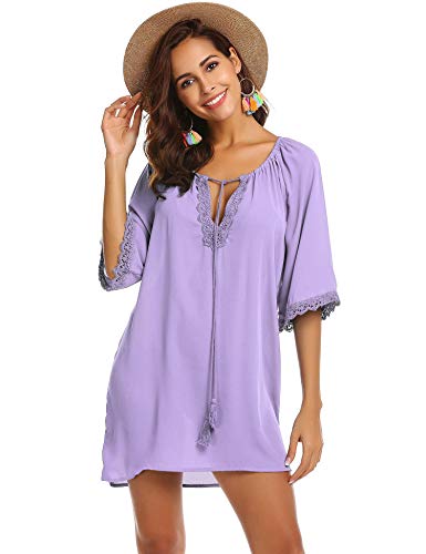 SUNAELIA Women Bikini Cover Up Swimsuit Beach Dress with Lace Purple - Thumbnail 2