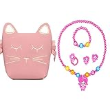 Hpwai Little Girls Pink Cute Cat Crossbody Bag with Necklace Clip-on Earrings Ring Bracelet for Kids Toddler