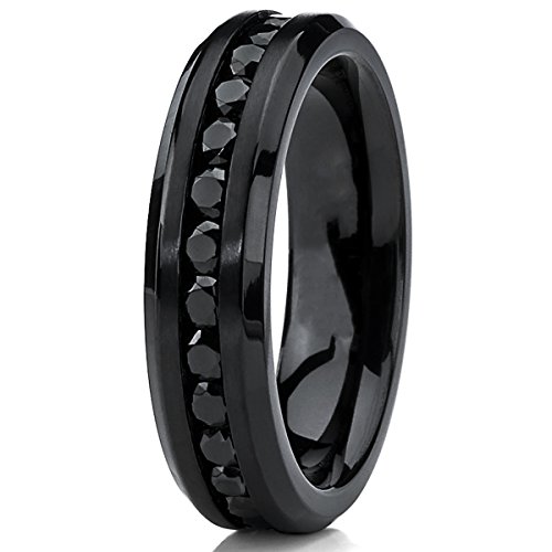 6MM Black Womens Eternity Titanium Ring Wedding Band W/ Black Cubic Zirconia Size 7