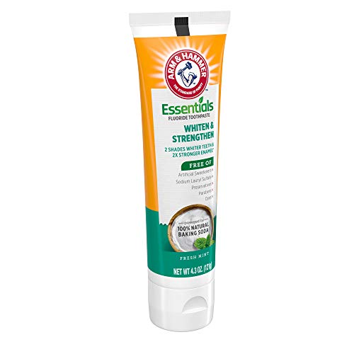 ARM & HAMMER ESSENTIALS WHITEN & STRENGTHEN FLUORIDE TOOTHPASTE-4 PACK OF 4.3OZ TUBES, FRESH MINT- 100% NATURAL BAKING SODA- FLUORIDE TOOTHPASTE