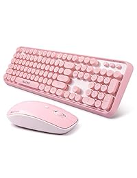 Juego de teclado y ratón inalámbrico SADES V2020, teclado rosa con teclas redondas, conexión sin caída de 2,4 GHz, batería de larga duración para PC ordenador portátil