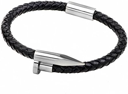 HUIUNY New European Braided Leather Stainless Steel Nail Bracelet for Men Women Stainless Steel Charm Cuff Wristband Bangle