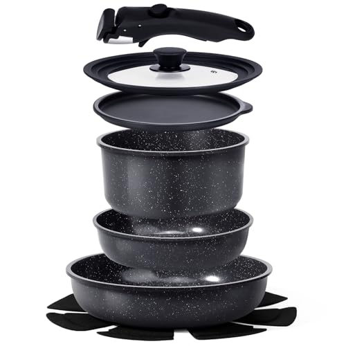 GiPP Ceramic Coating Pots and Pans Set Non Stick, 8pcs Nonstick Detachable Handle Cookware Sets, Non Toxic Induction Kitchen Pot and Pan, Healthy RV Cookware, Dishwasher＆Oven Safe(Grey)