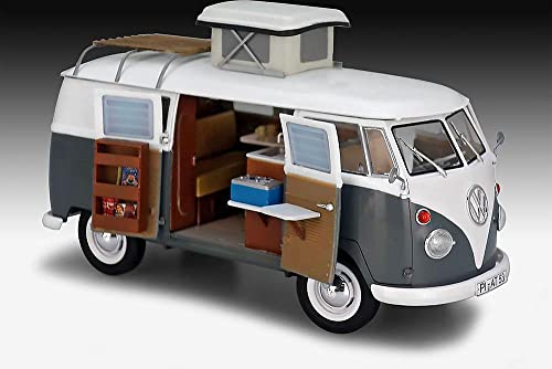 Revell 7674 Volkswagen VW T1 Bulli Camper, Campingbus zum Selberbauen 1:24, 18 cm Zubehör, Unlackiert