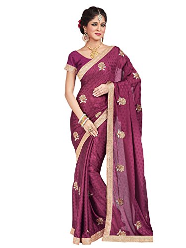 Shonaya Women's Embroidered Crepe Jaquard Maroon Designer Saree With Unstitched Blouse Piece