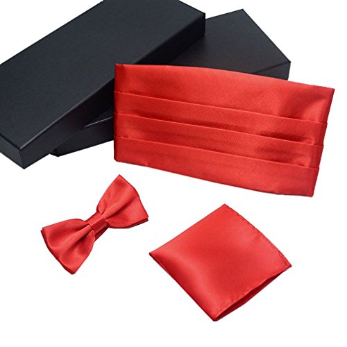 AWAYTR Formal Solid Pre-tied Bow Tie & Pocket Square & Cummerbund Set (Hot red)