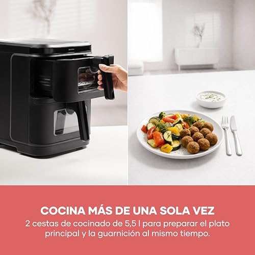 Duo Stack Freidora de aire caliente con 2 cestas de 5,5 litros cada una, cocina saludable, 9 programas automáticos, freidora sin grasa, diseño compacto, S-Fry, 2800 W, negro, FR 9598