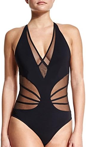 SUNJIN ARCO Women's One Piece Deep V Neck Swimsuits Backless Mesh Monokini