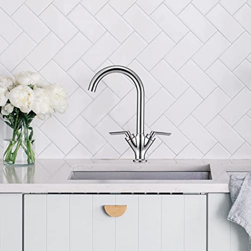 Funime® Kitchen Sink Mixer Taps Monobloc Swivel Spout Chrome Brass Dual Lever with Hoses Traditional Kitchen Mixer Taps 1 Hole