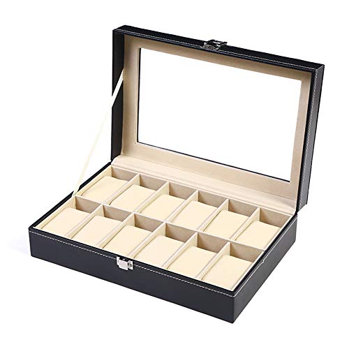 kingdoo 12 Slots Watch Display Box Leather Watches Organizer Case with Glass Top,Large,Black