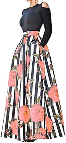 Delcoce Women's Sexy Two-Piece Floral Print Pockets Long Party Skirts Dress S-2XL