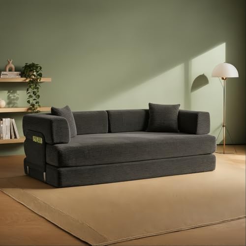 Convertible Folding Couch Bed, Comfy Corduroy Sleeper Floor Sofa Bed with Fixed-Shape Frame, Floor Sofa with Armrest, Lounge Couch for Living Room Bedroom Lounge Studio (Dark gray, 200CM) | boneless couch